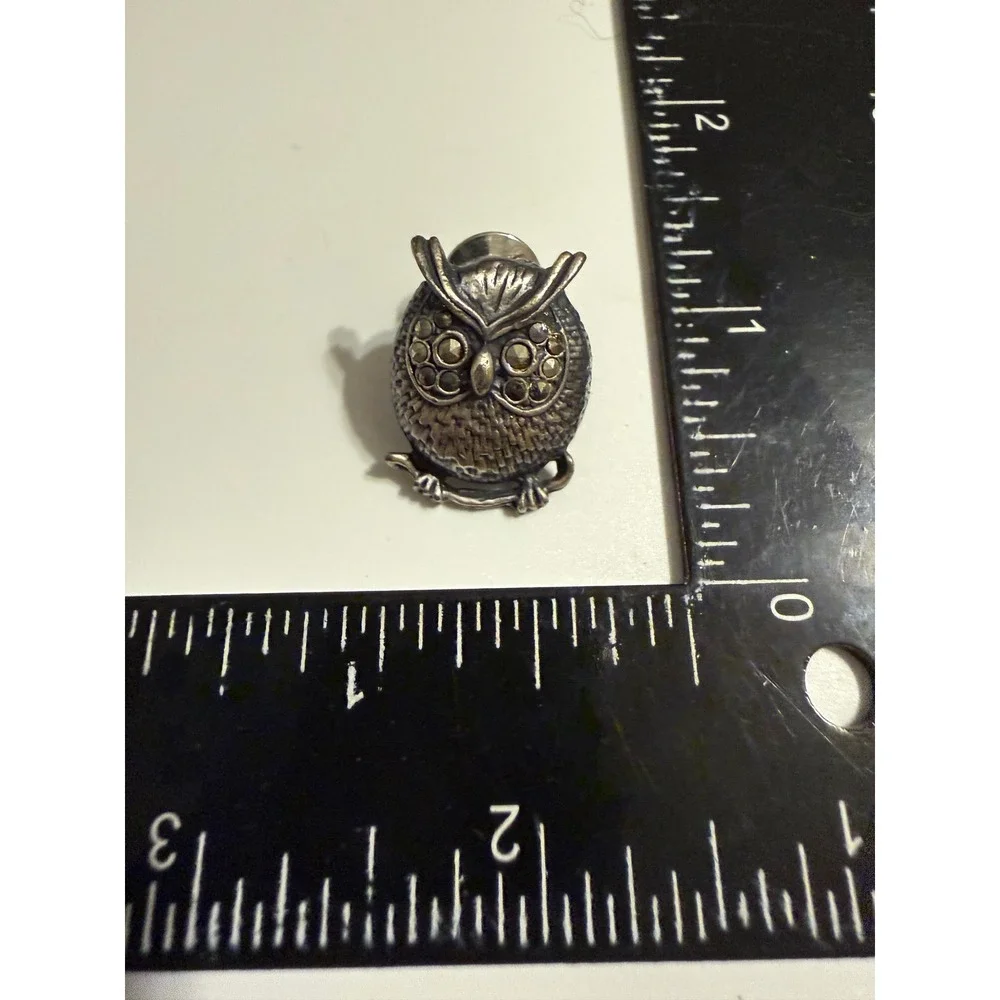 Owl Lapel Pin Silver Tone Marcasite Accent Bird Tie Tack Hat Pin Wise Owl